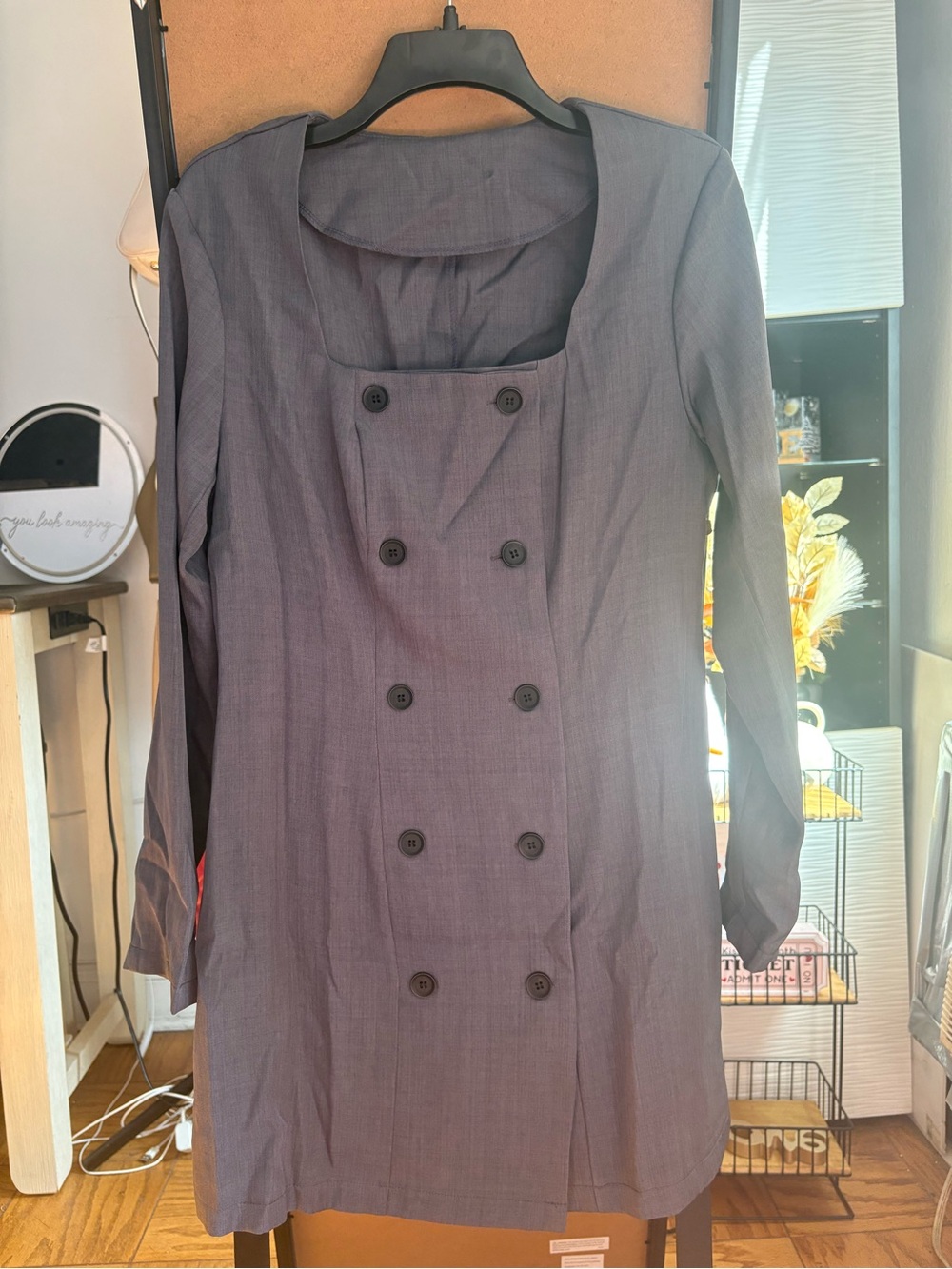 SHEIN Double-Breasted Long Sleeve Square Neck Dress in Charcoal